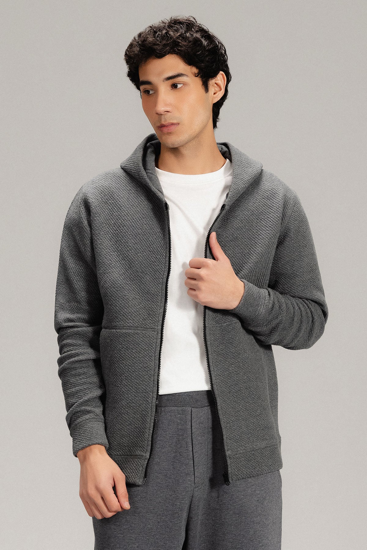 TEXTURED ZIP UP HOODIE - Image 3
